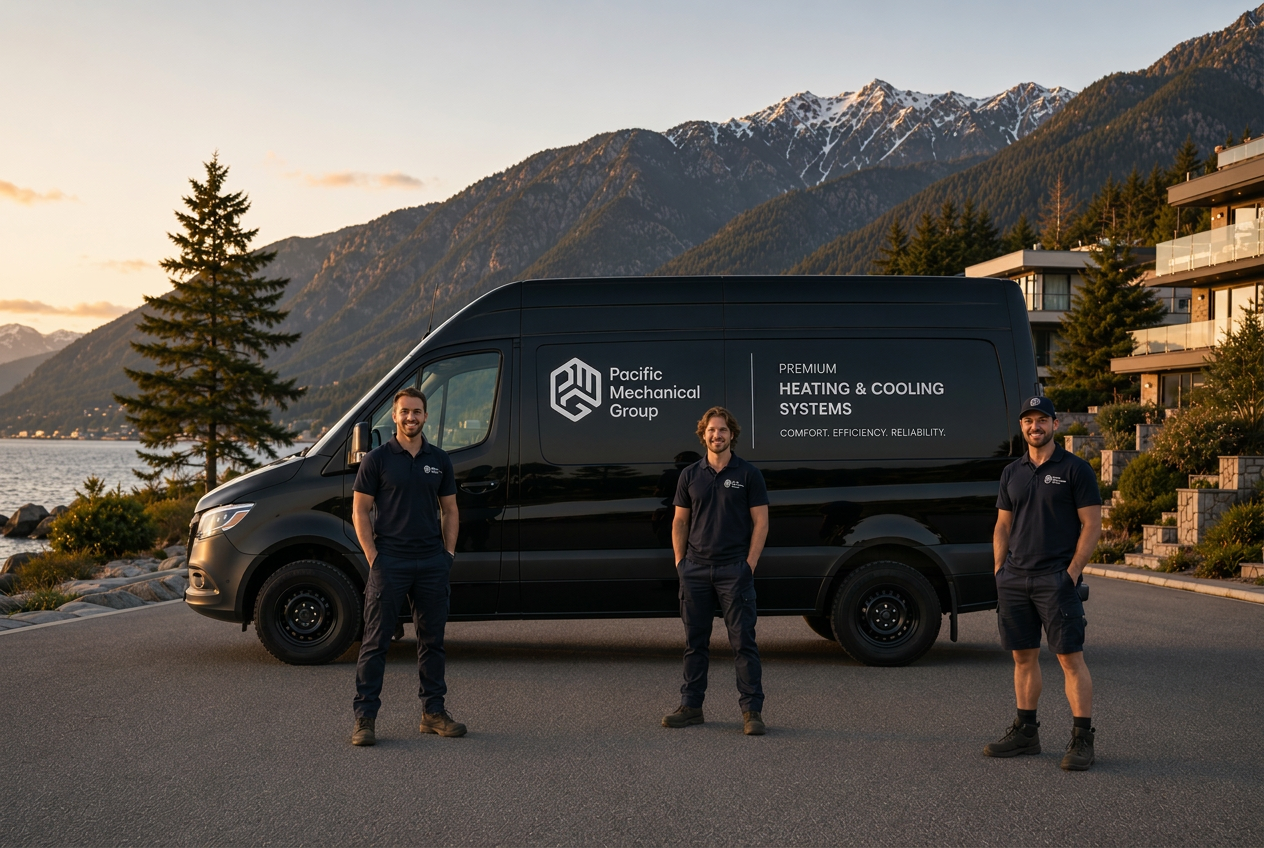 Pacific Mechanical Group team standing in front of their service van with a Vancouver coastal backdrop